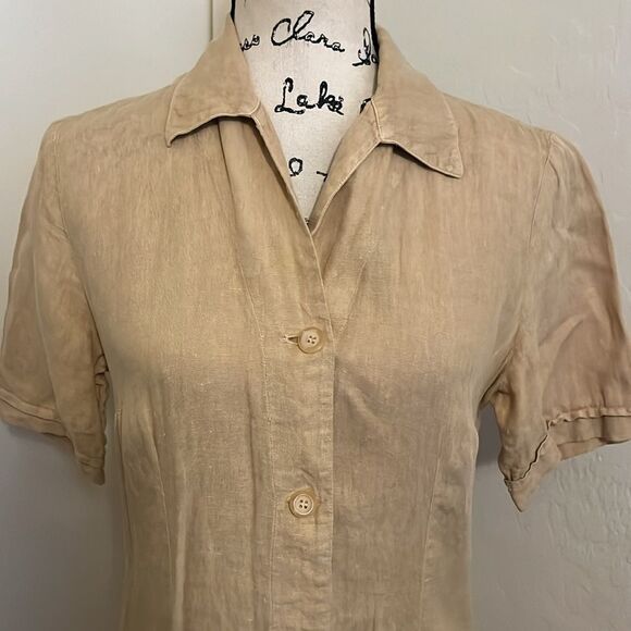 120% Lino Tan 100% Linen Button Closure Casual Dress Coastal Resort Minimalist - Picture 4 of 11